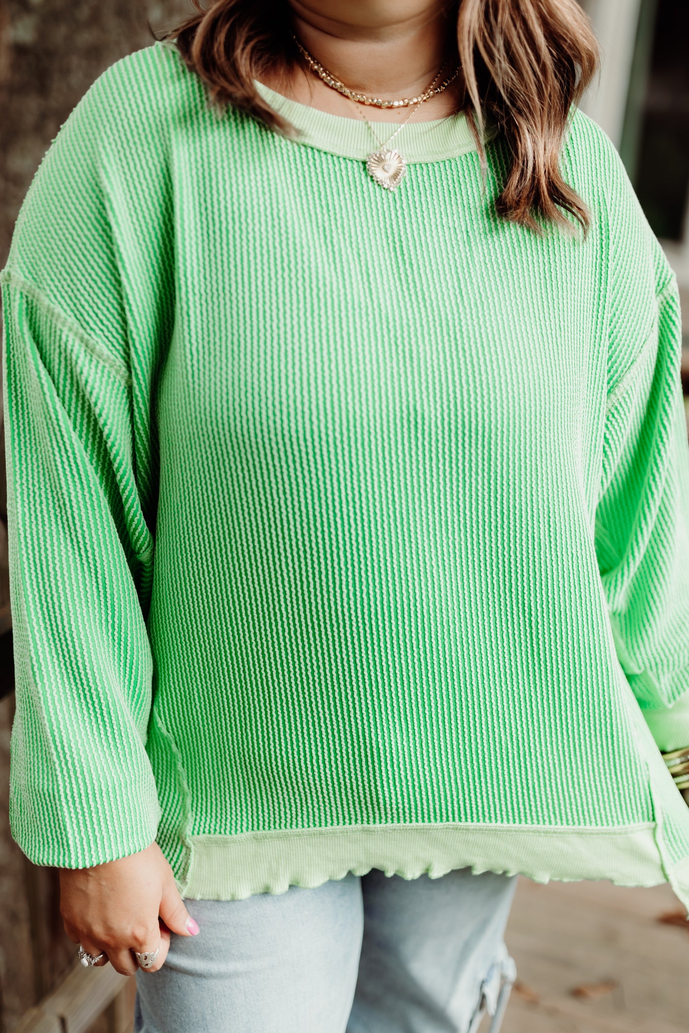 Green Ribbed Lettuce Trim Pullover