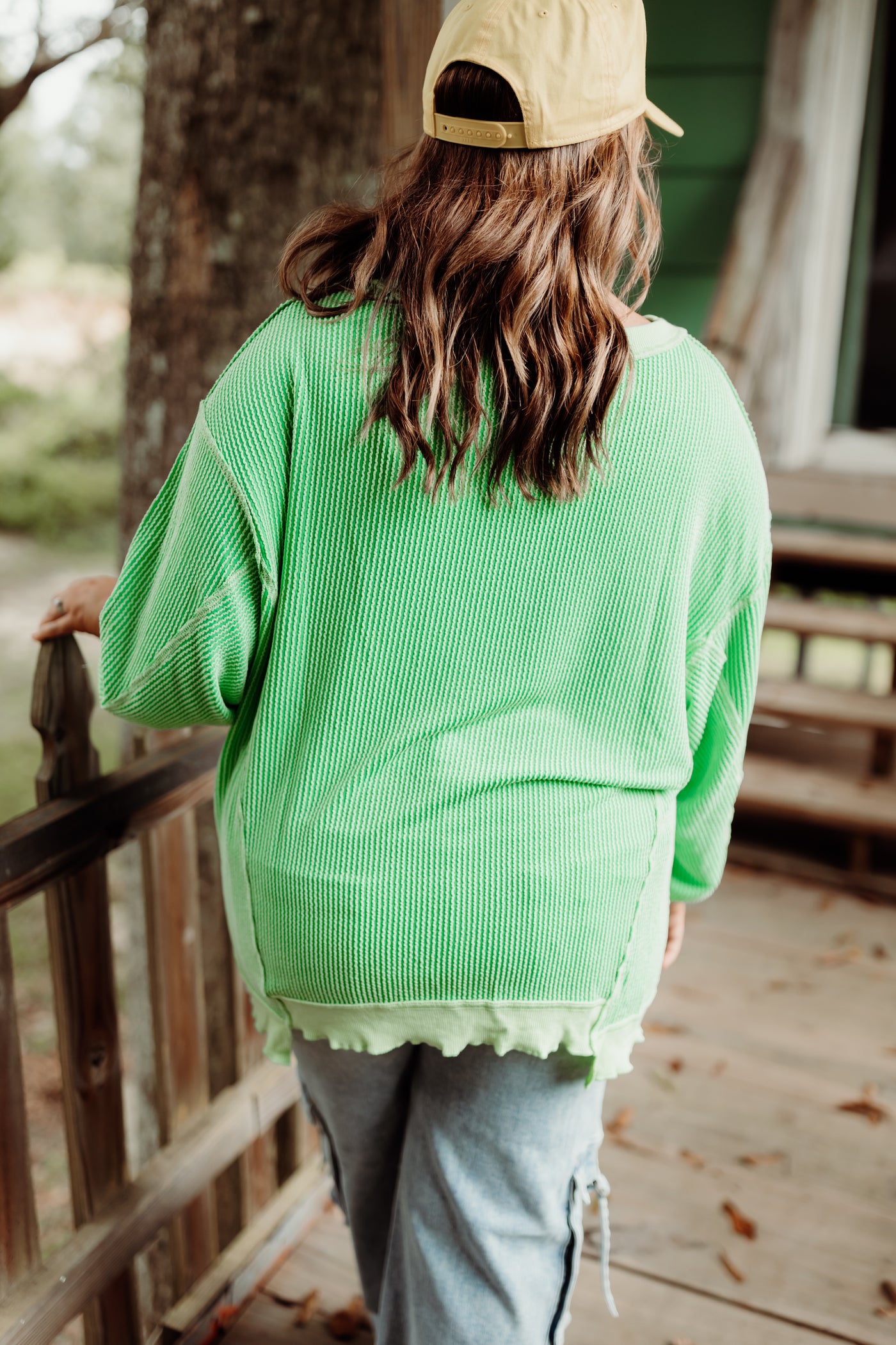 Green Ribbed Lettuce Trim Pullover