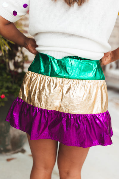 Mardi Gras Colorblock Metallic Mini Skirt