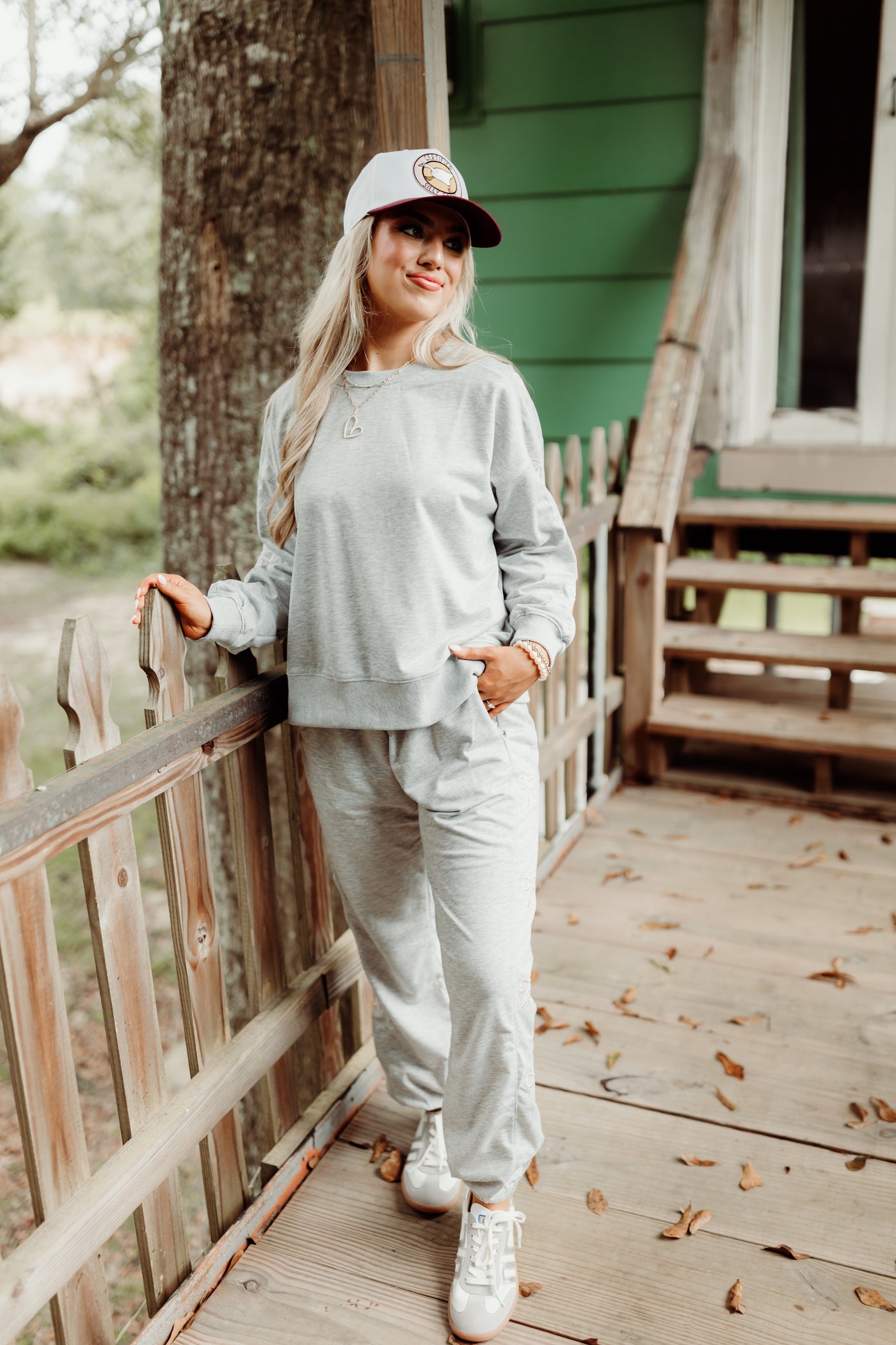 Grey French Terry Bow Embroidered Sweatshirt and Jogger Set