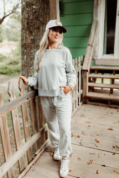 Grey French Terry Bow Embroidered Sweatshirt and Jogger Set