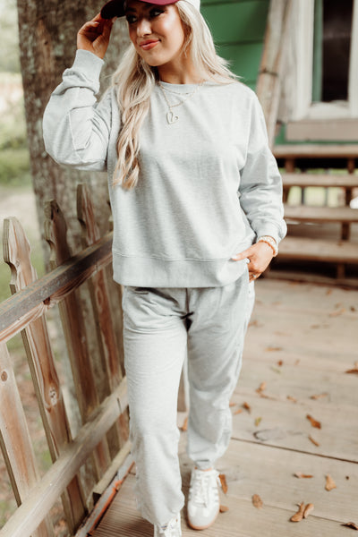 Grey French Terry Bow Embroidered Sweatshirt and Jogger Set