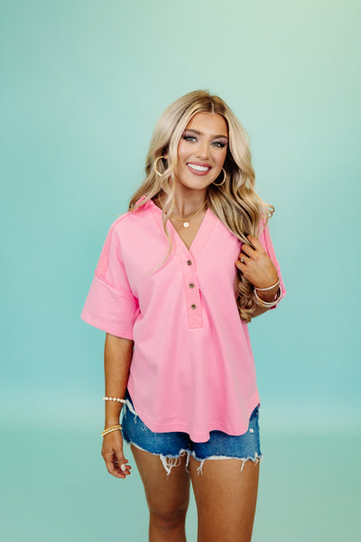 Pink Contrast Knit Henley Collared Top