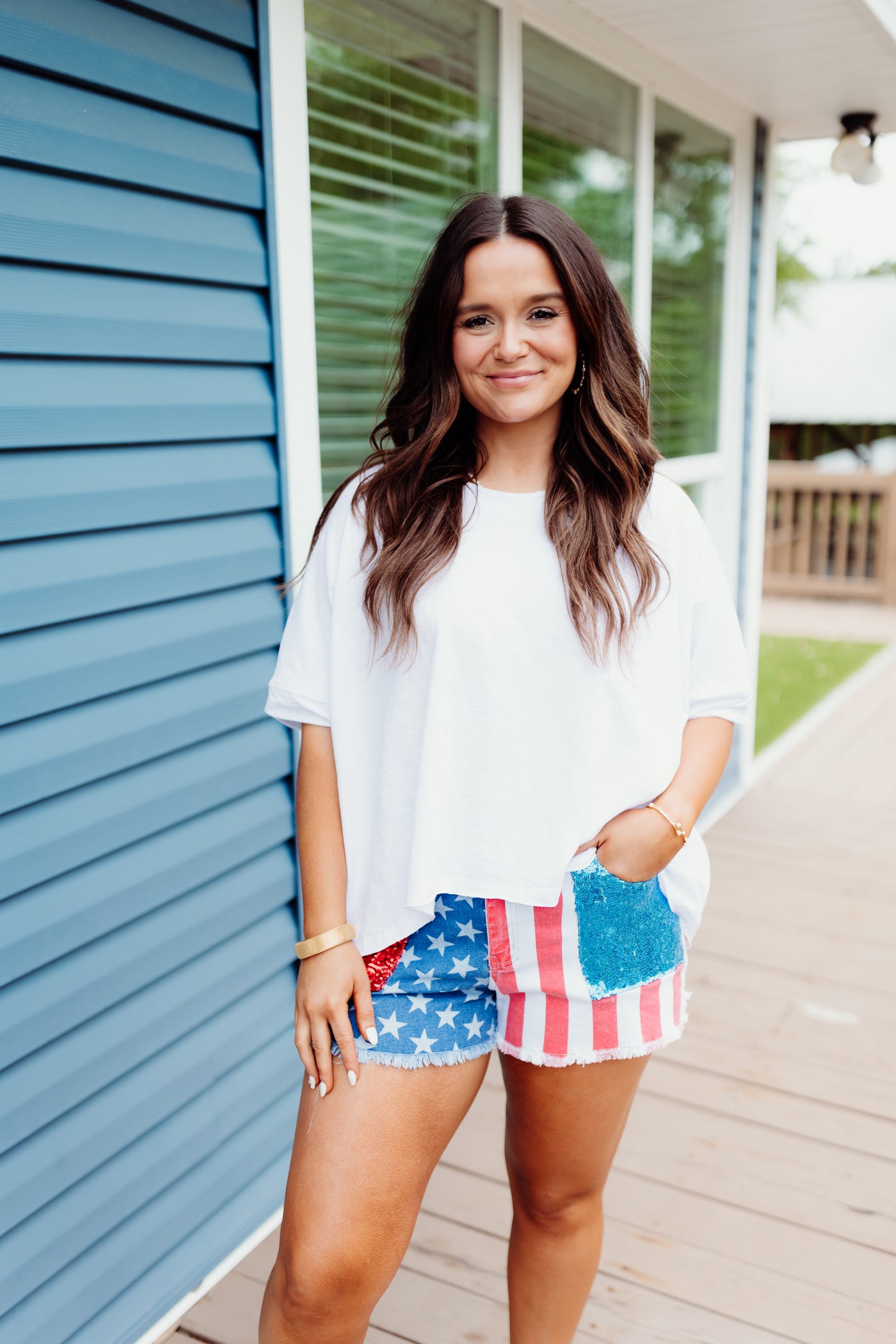 American Flag Sequin Pocket Denim Shorts