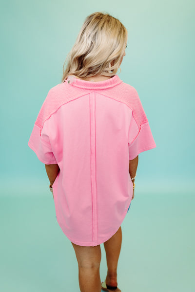 Pink Contrast Knit Henley Collared Top