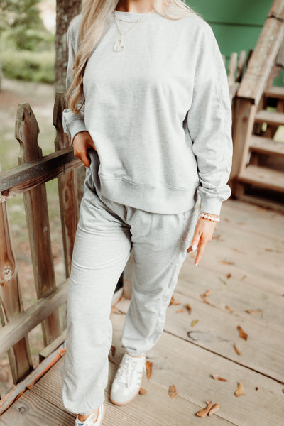 Grey French Terry Bow Embroidered Sweatshirt and Jogger Set