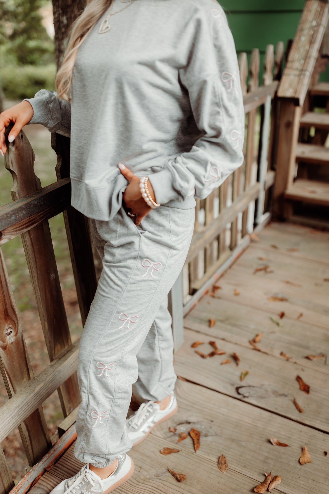 Grey French Terry Bow Embroidered Sweatshirt and Jogger Set