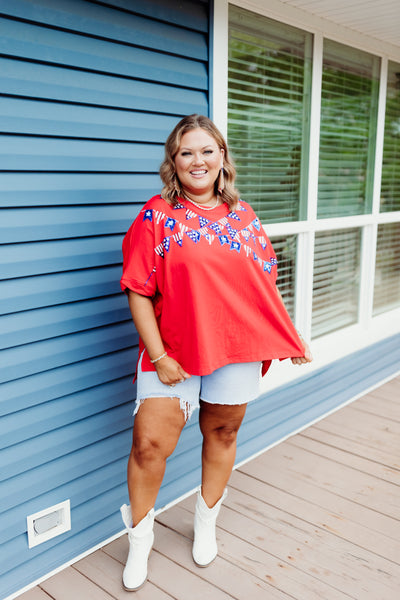 Red American Flag Garland Oversized Tee