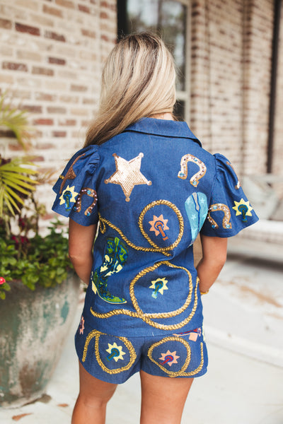 Queen Of Sparkles Denim Cowgirl Icon Collar Top