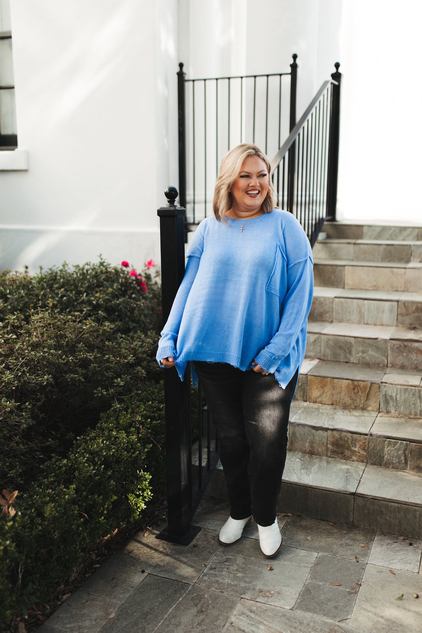 Periwinkle Blue Slouchy Knit Pocket Sweater