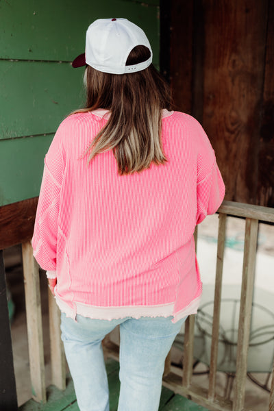 Coral Ribbed Lettuce Trim Pullover