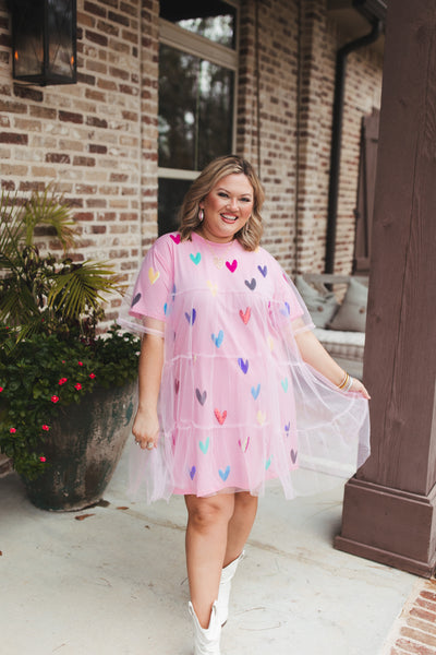 Queen Of Sparkles Light Pink Multi Heart Mesh Overlay Dress