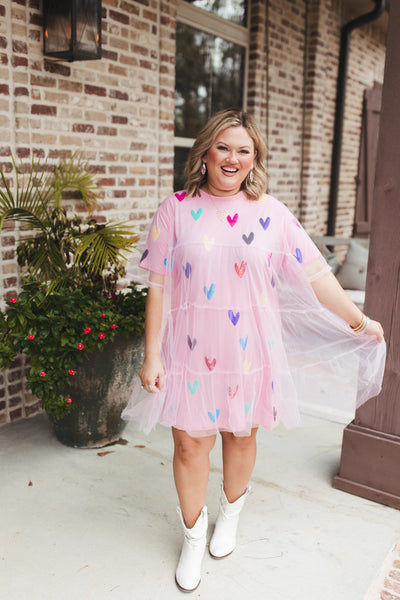 Queen Of Sparkles Light Pink Multi Heart Mesh Overlay Dress