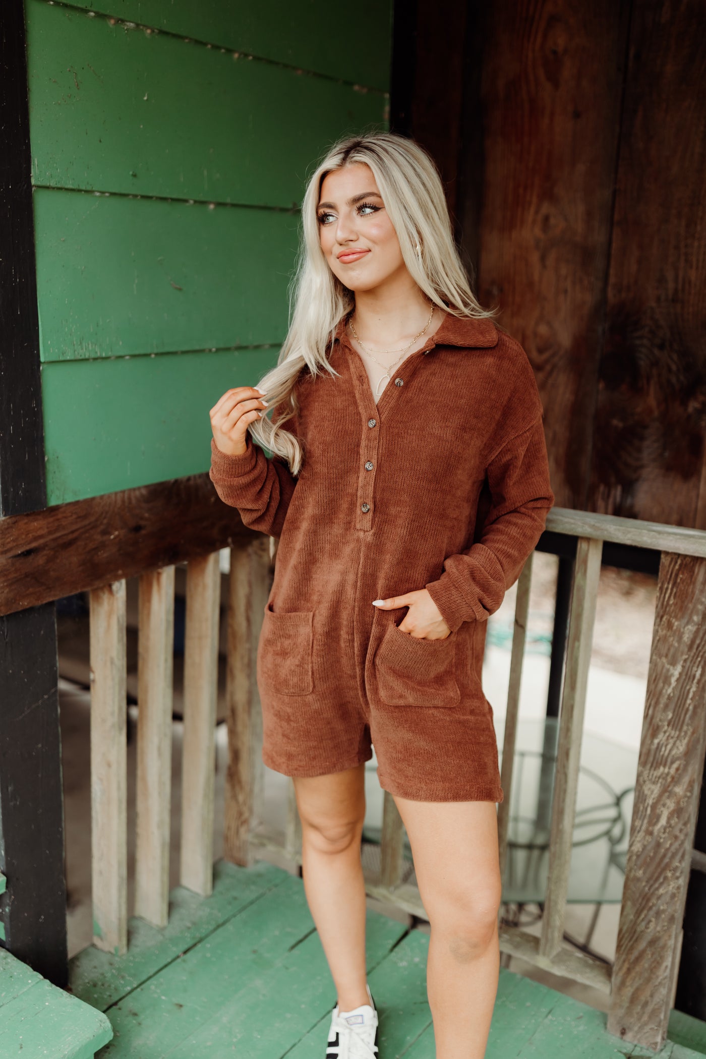 Chestnut Collared Half Button Romper