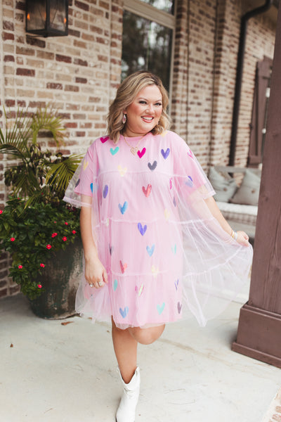 Queen Of Sparkles Light Pink Multi Heart Mesh Overlay Dress