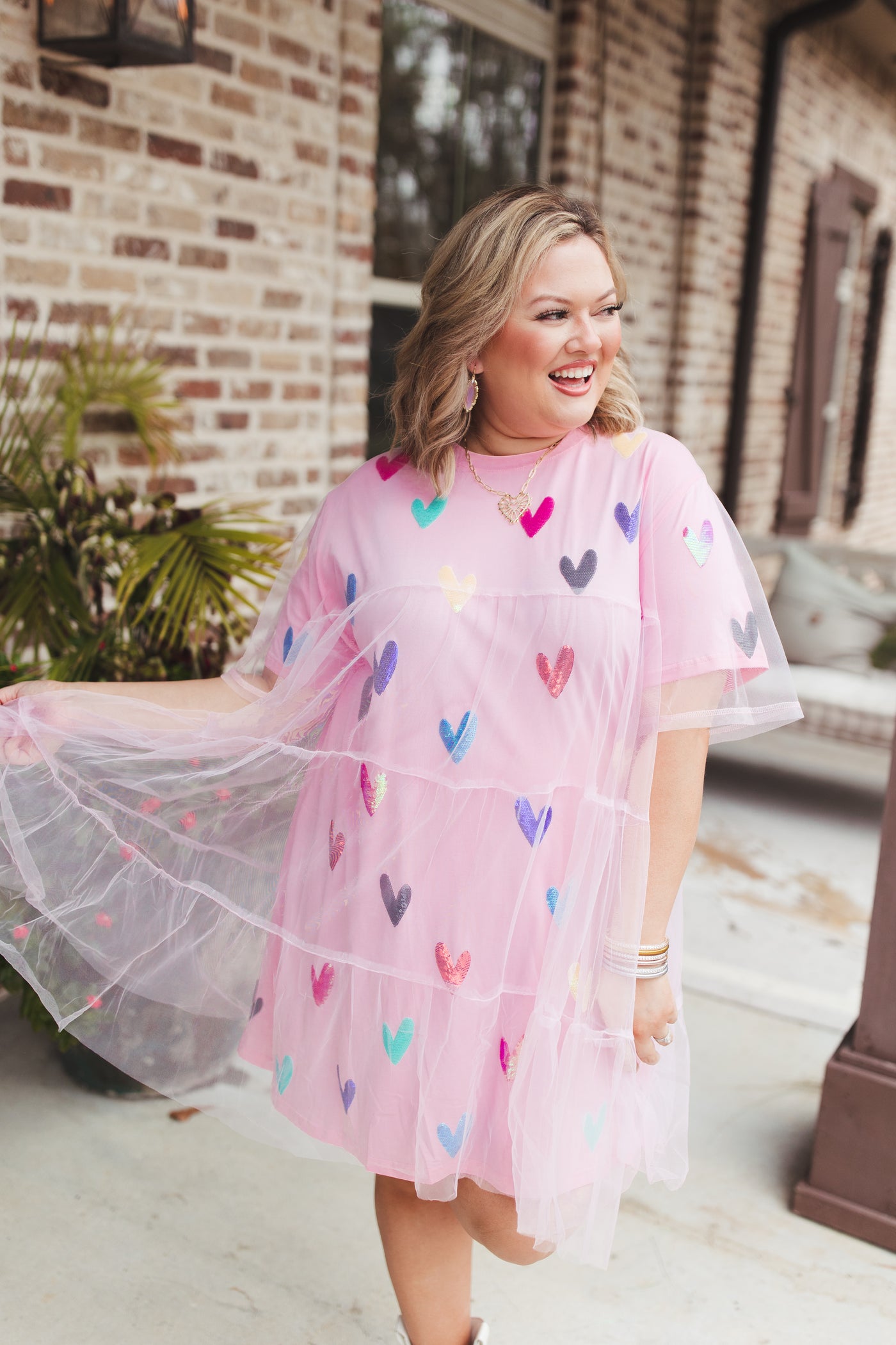 Queen Of Sparkles Light Pink Multi Heart Mesh Overlay Dress