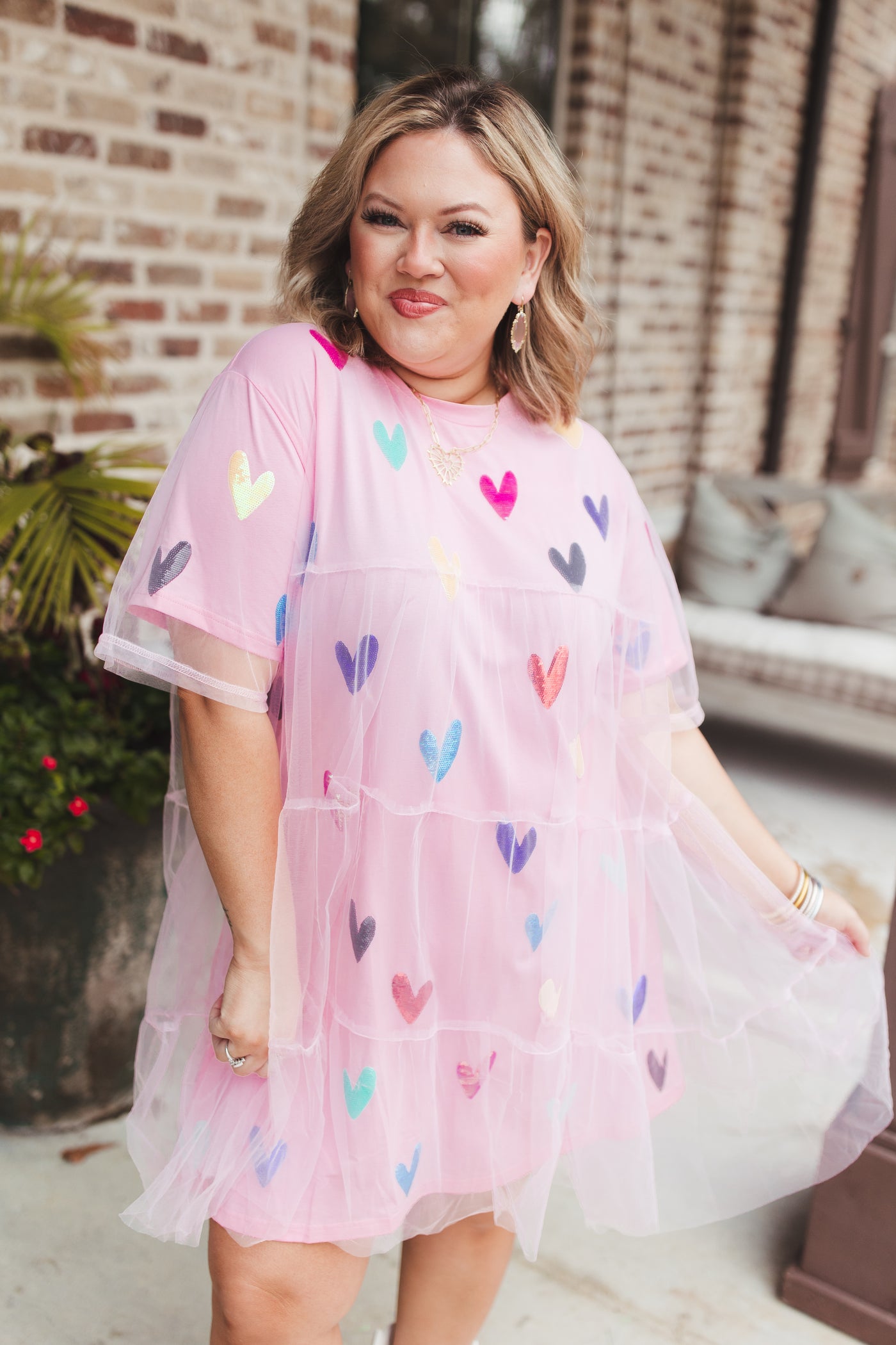 Queen Of Sparkles Light Pink Multi Heart Mesh Overlay Dress