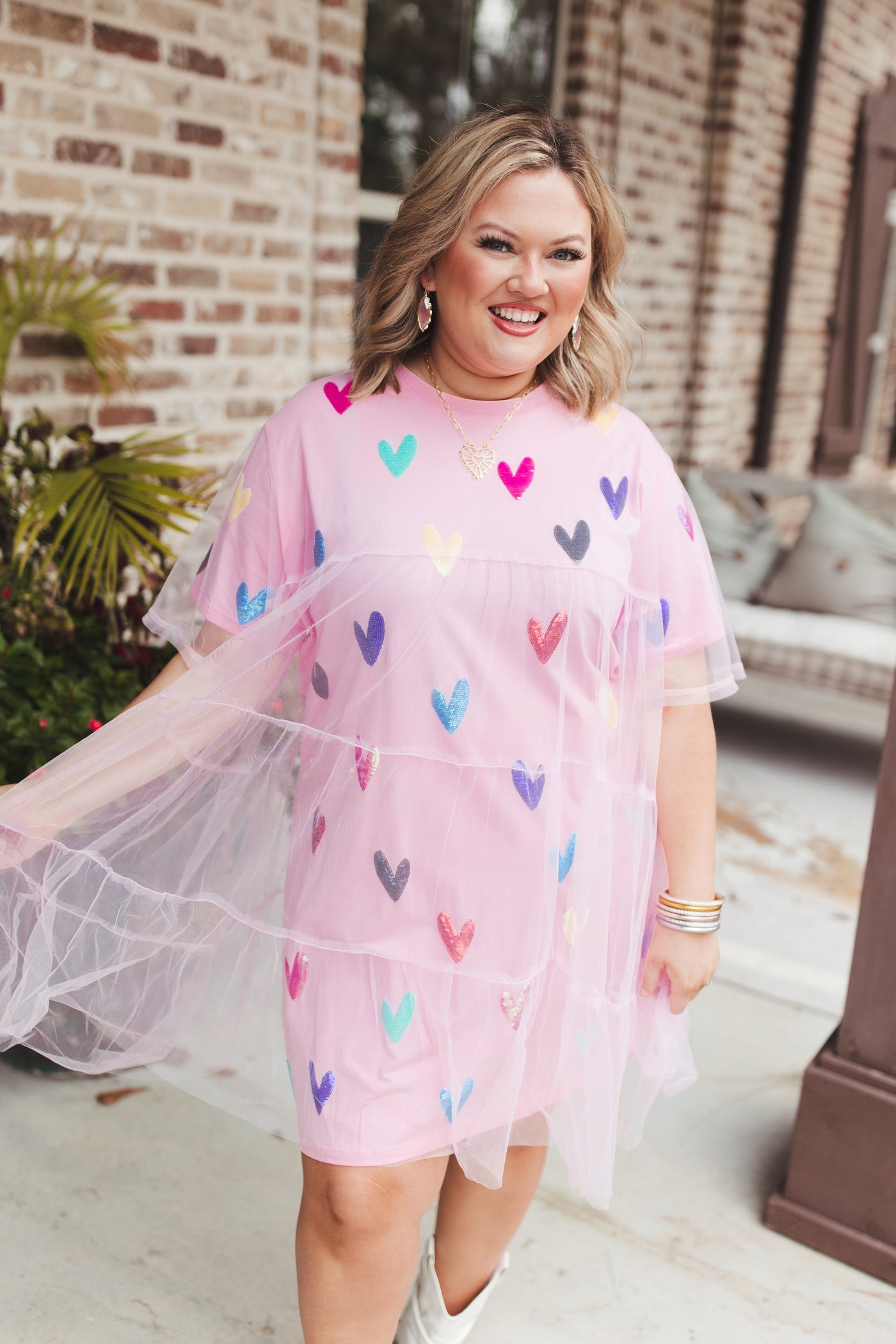 Queen Of Sparkles Light Pink Multi Heart Mesh Overlay Dress