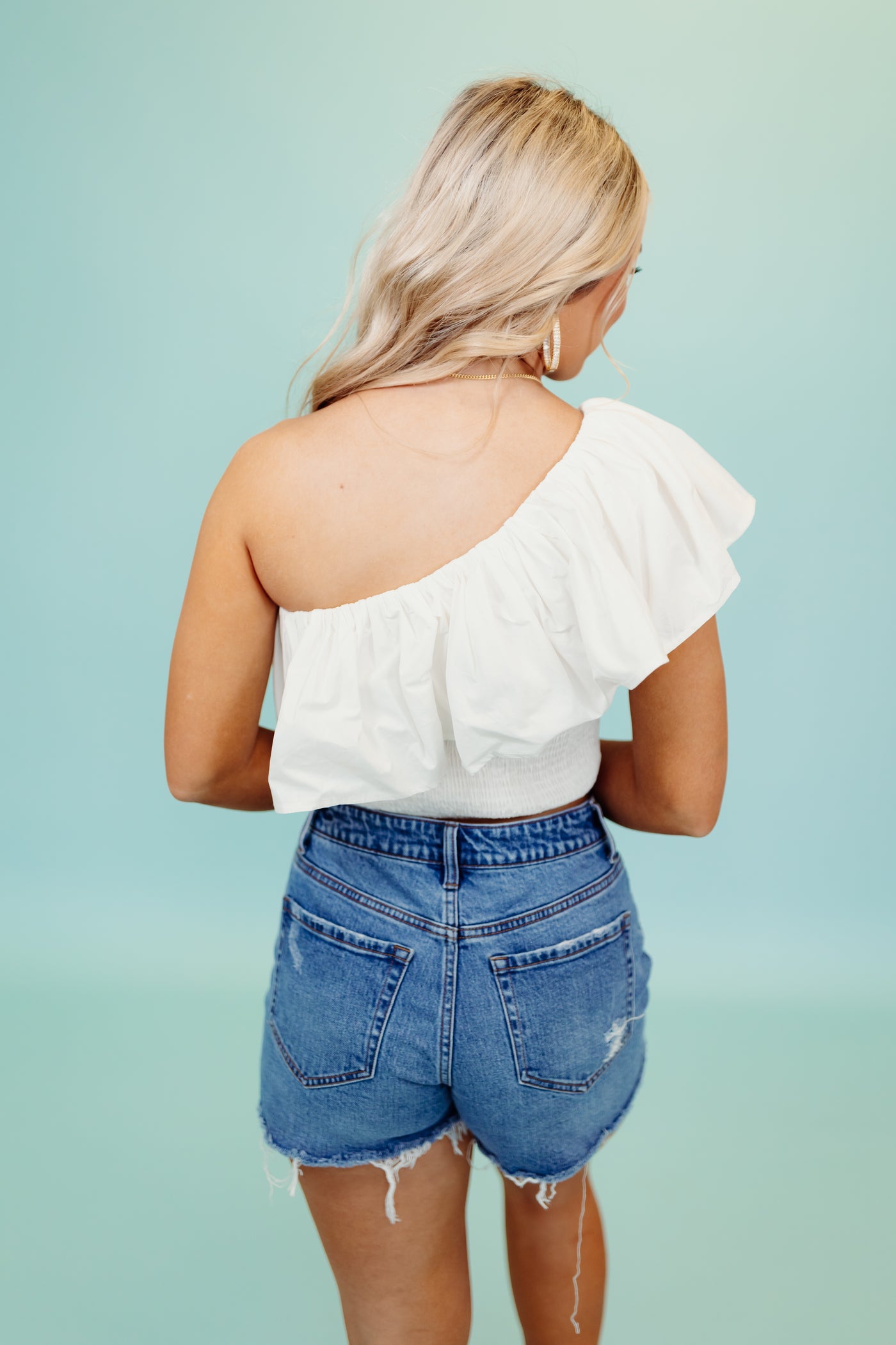 Off White Ruffle Detail One Shoulder Crop Top