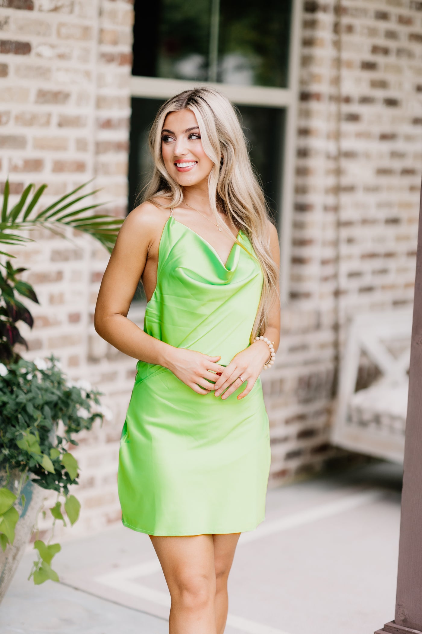 Lime Cowl Neck Rhinestone Strap Halter Dress