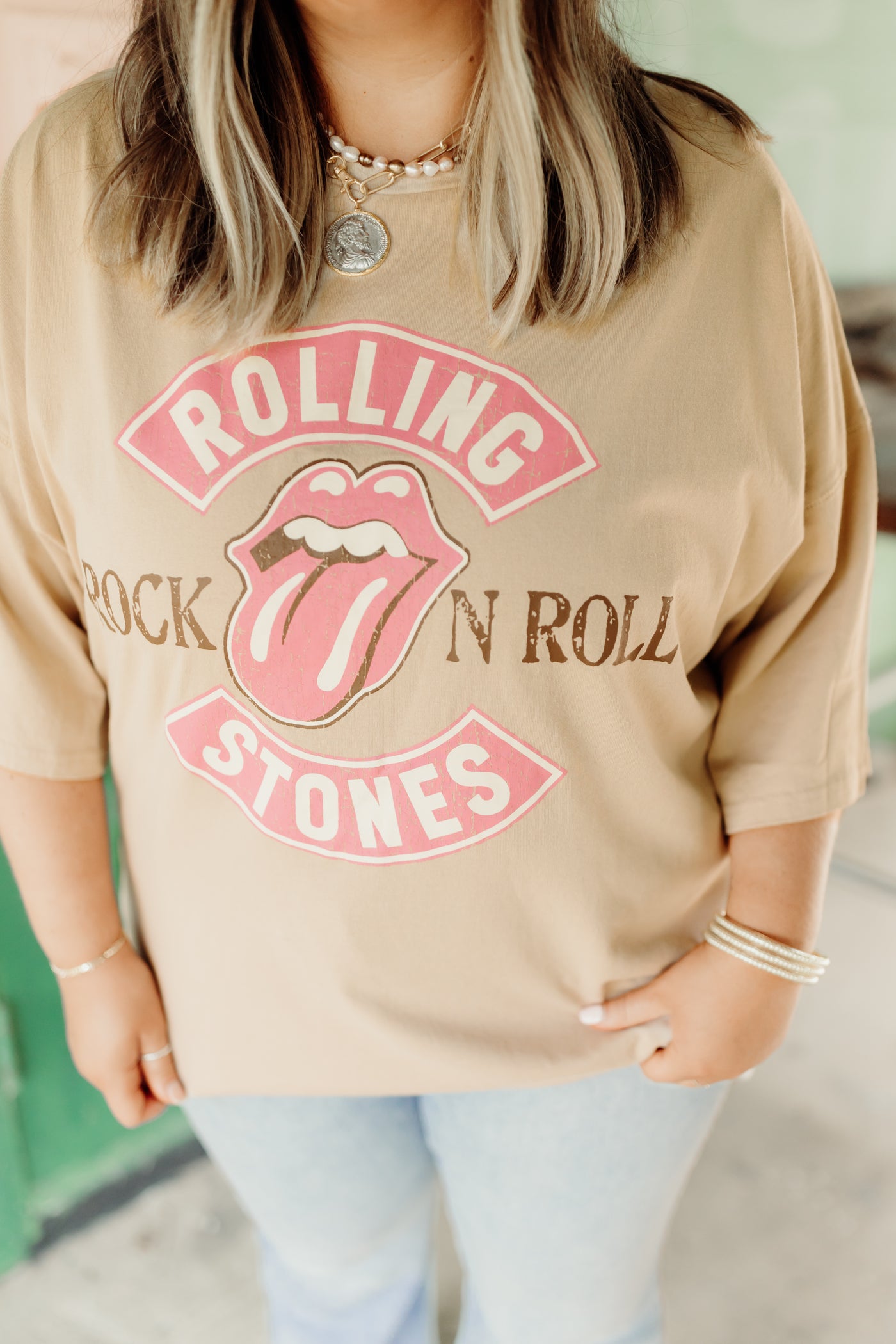 Tan Mineral Washed Rolling Stones Rock N Roll Tee