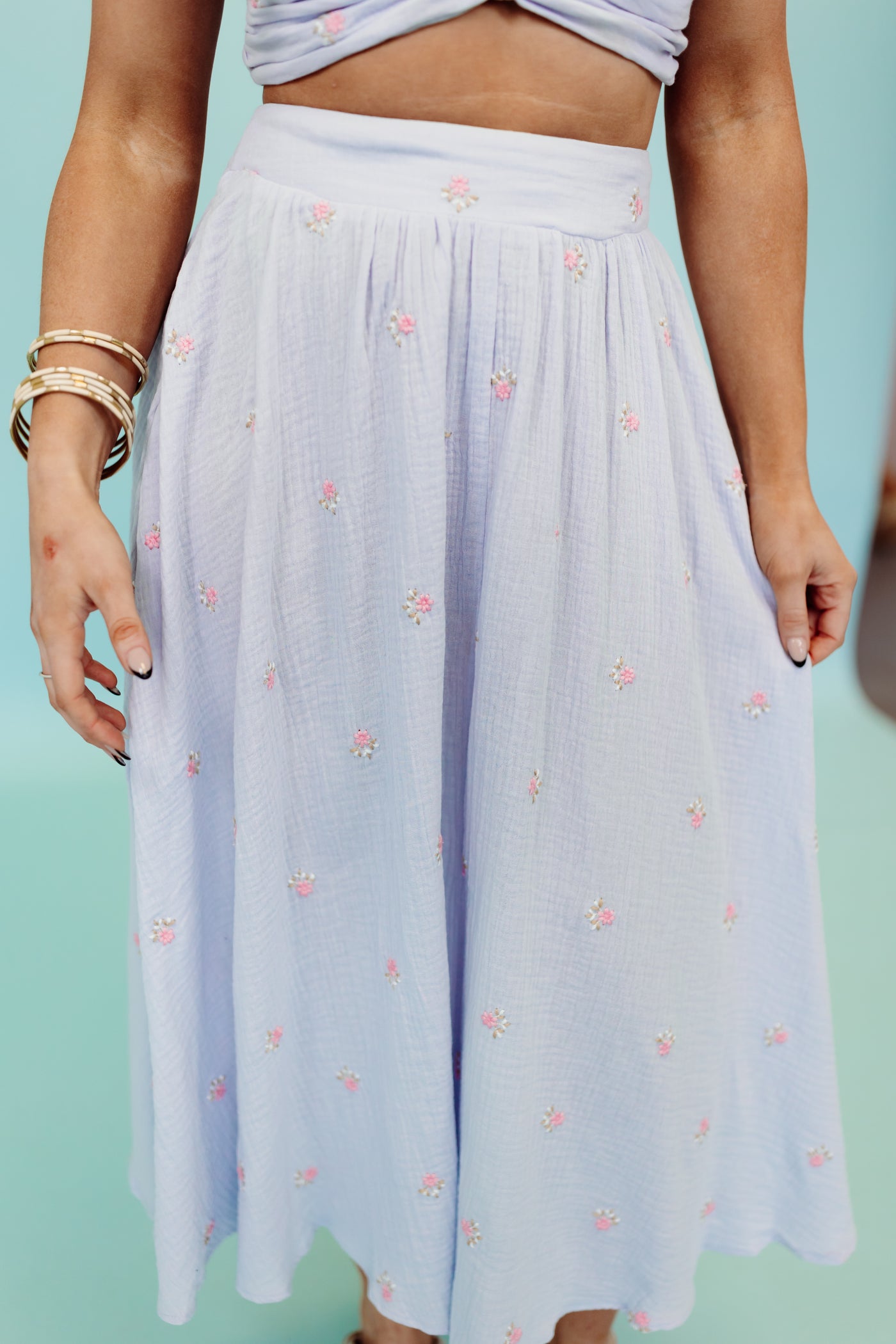 Blue Floral Crinkle Floral Embroidered Crop Top and Midi Skirt Set
