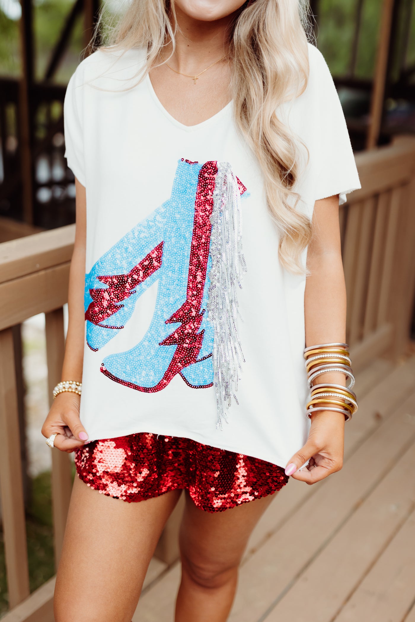 White Red and Blue Fringe Sequin Boot Tee