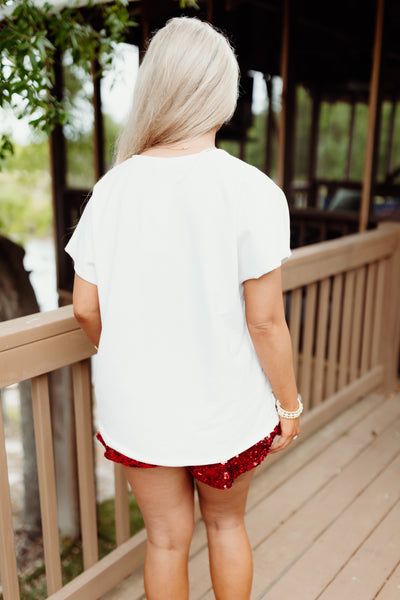 White Red and Blue Fringe Sequin Boot Tee