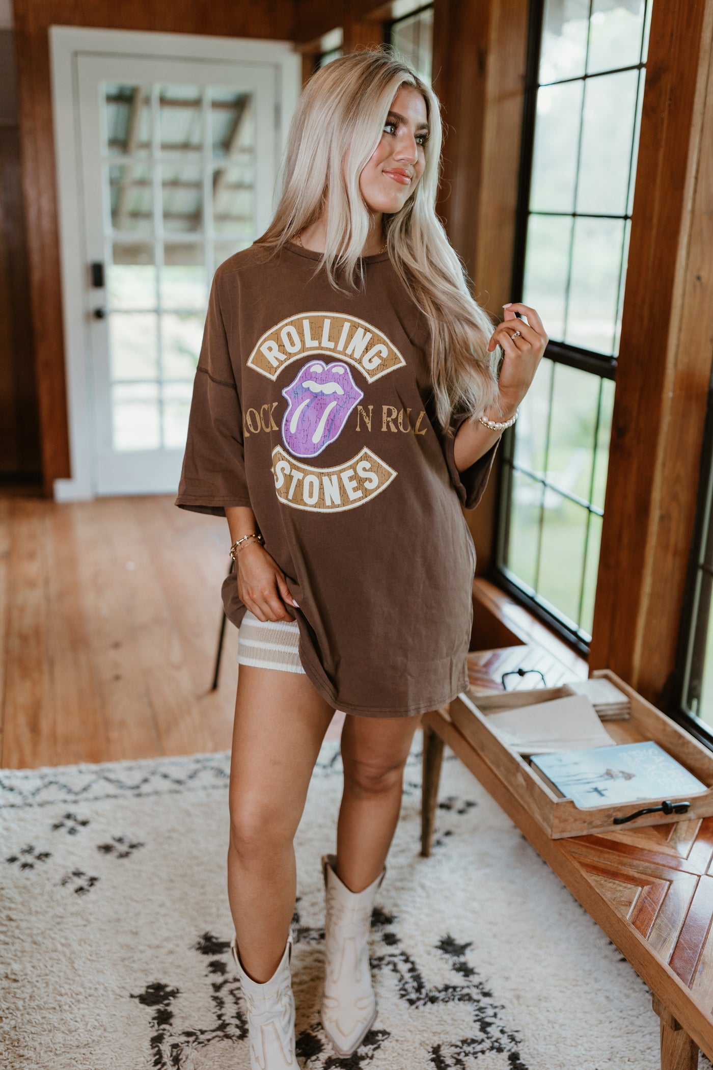 Brown Mineral Washed Rolling Stones Rock N Roll Tee