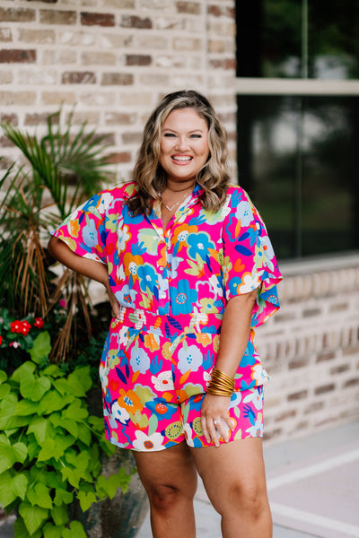 Adrienne Flower Bomb Smock Waist Button Detail Romper