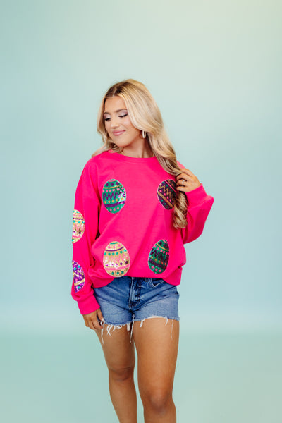 Fuchsia Sequin Easter Egg French Terry Pullover
