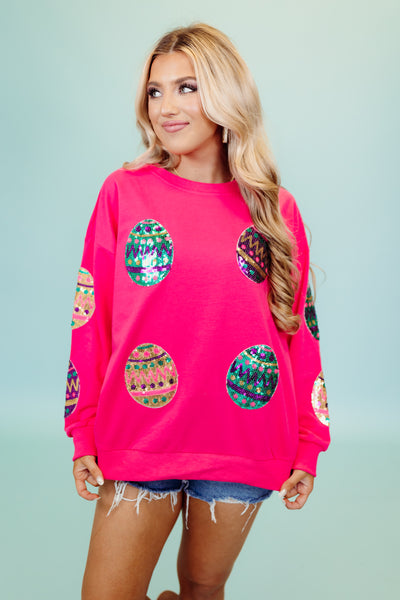 Fuchsia Sequin Easter Egg French Terry Pullover