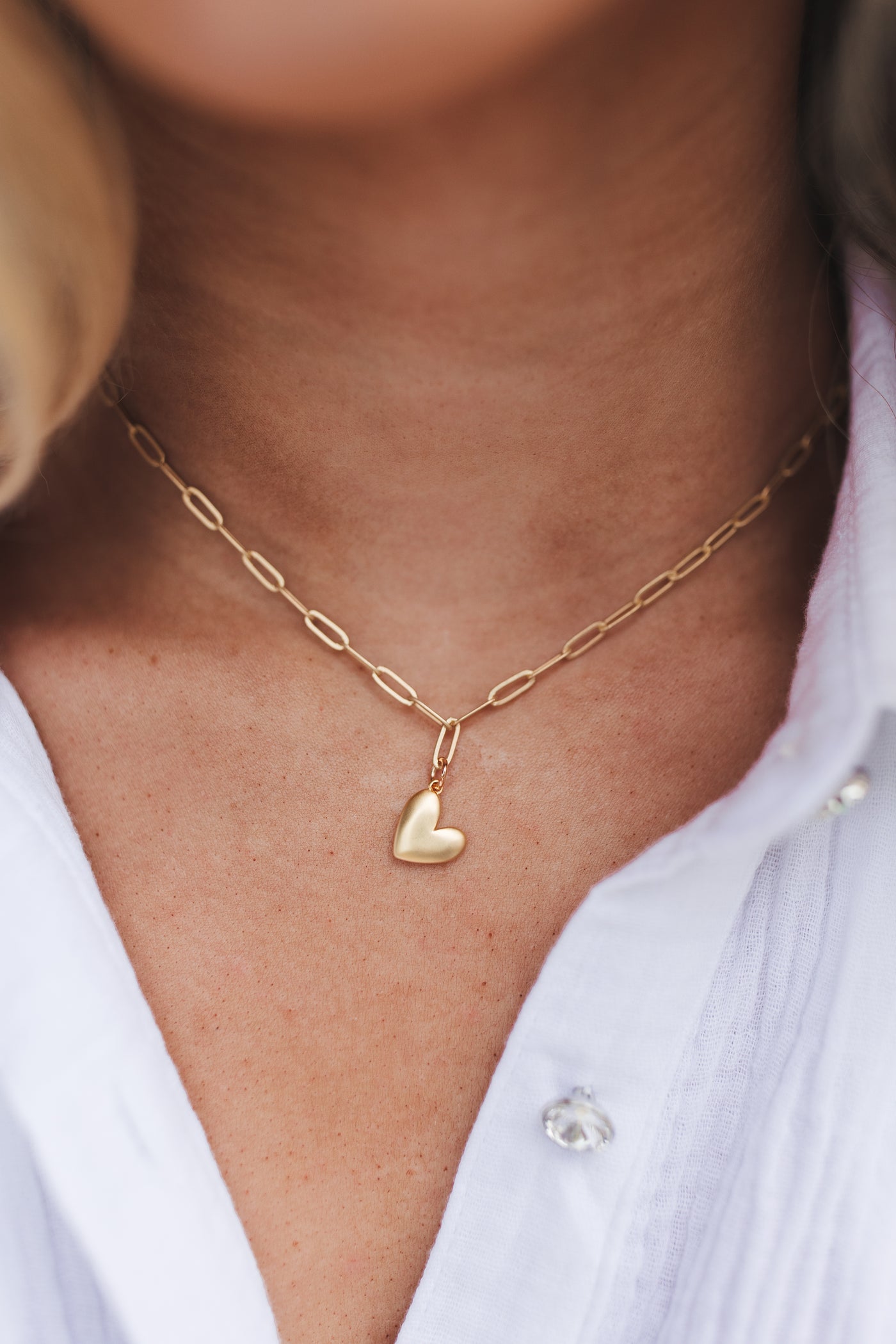 Virtue Jewelry Gold Puffy Heart on Gold Paperclip Chain Necklace