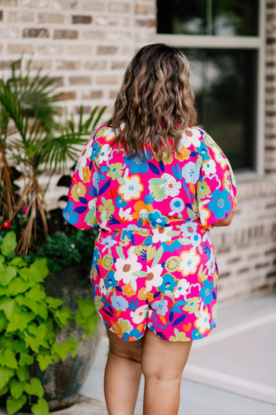 Adrienne Flower Bomb Smock Waist Button Detail Romper