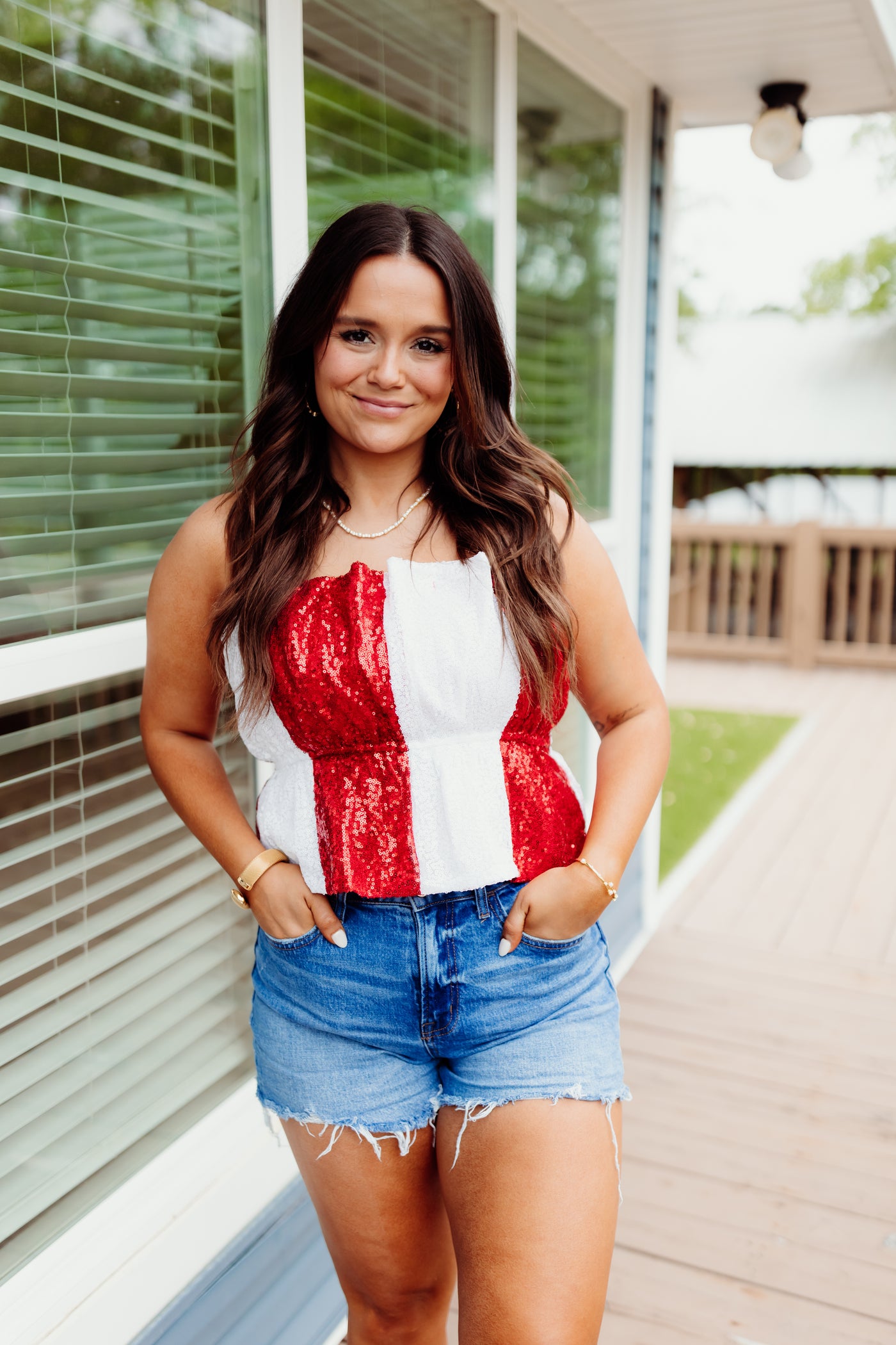 Red and White Sequin Colorblock Ruffle Cami Top