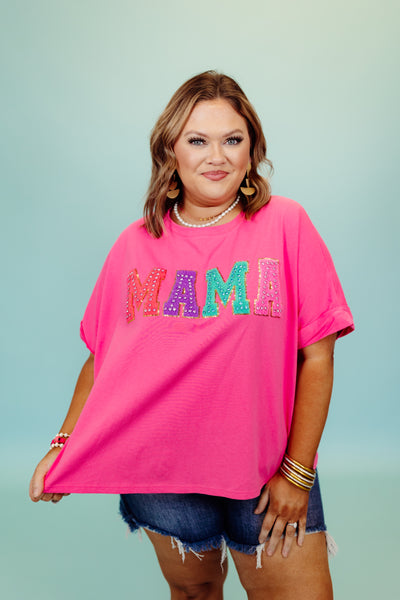 Pink Multi Chenille Patch "MAMA" Tee