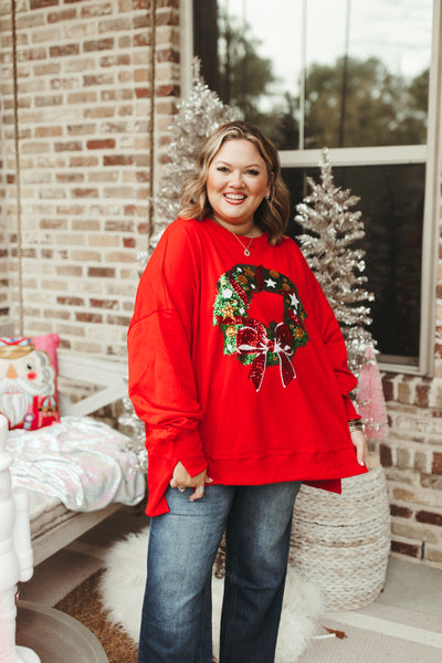 Red Sequin Christmas Wreath French Terry Sweatshirt