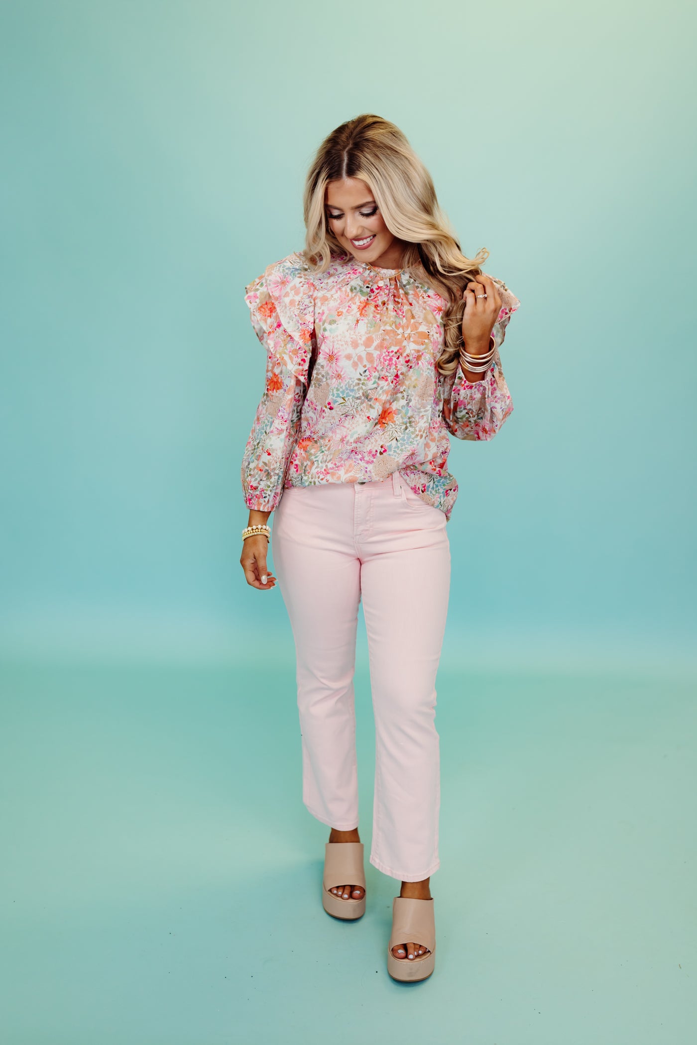 Pink Combo Floral Flutter Sleeve Pintuck Blouse