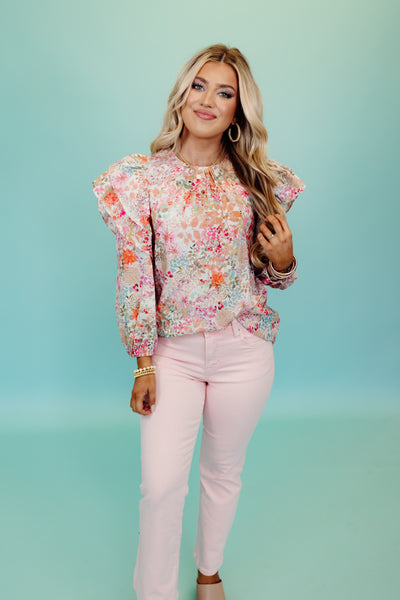 Pink Combo Floral Flutter Sleeve Pintuck Blouse