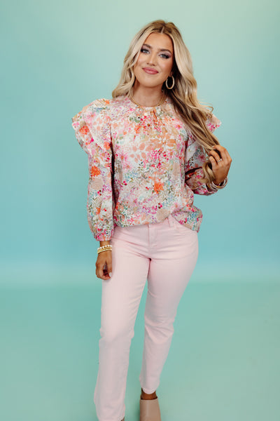 Pink Combo Floral Flutter Sleeve Pintuck Blouse