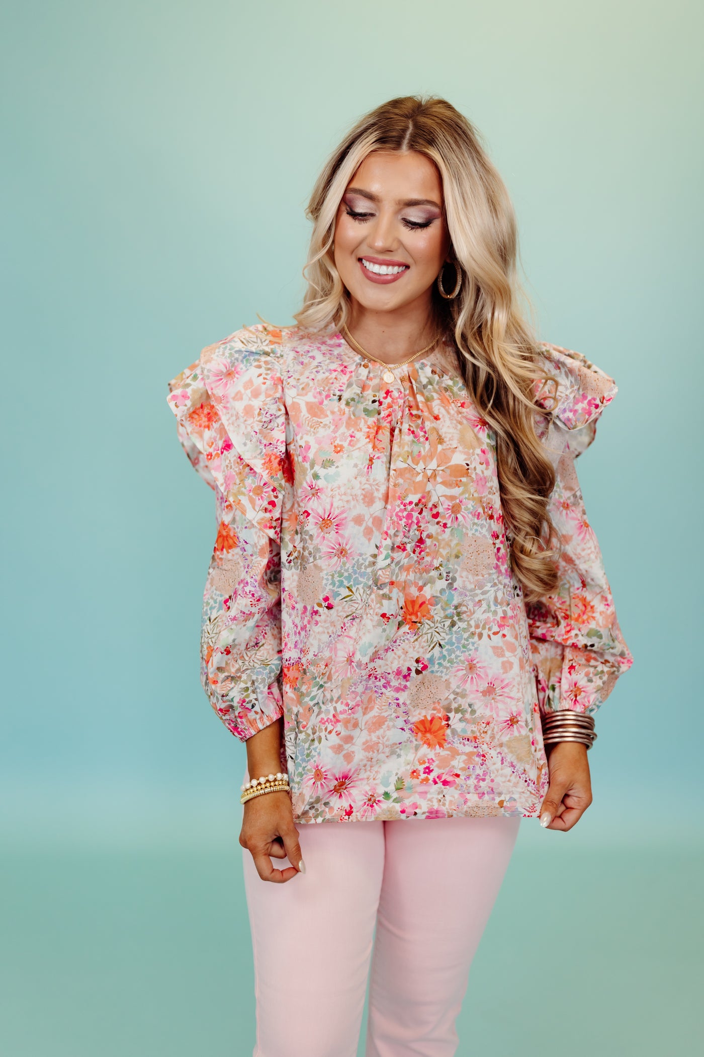 Pink Combo Floral Flutter Sleeve Pintuck Blouse