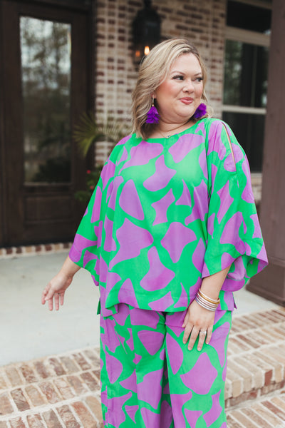 Green and Lavender Geo Print Flowy Top and Pant Set