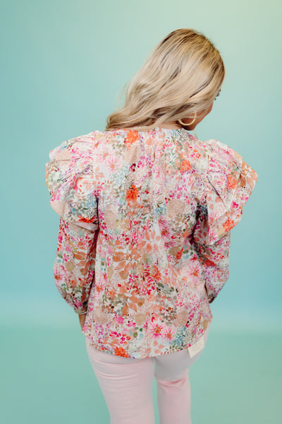 Pink Combo Floral Flutter Sleeve Pintuck Blouse