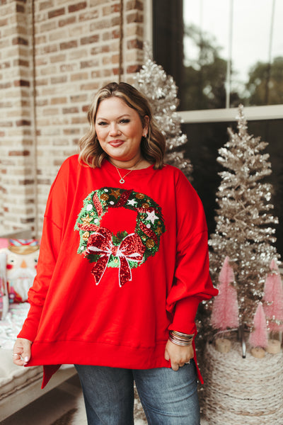 Red Sequin Christmas Wreath French Terry Sweatshirt
