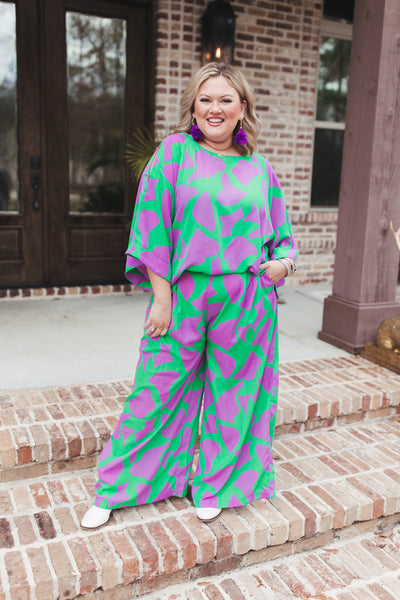 Green and Lavender Geo Print Flowy Top and Pant Set