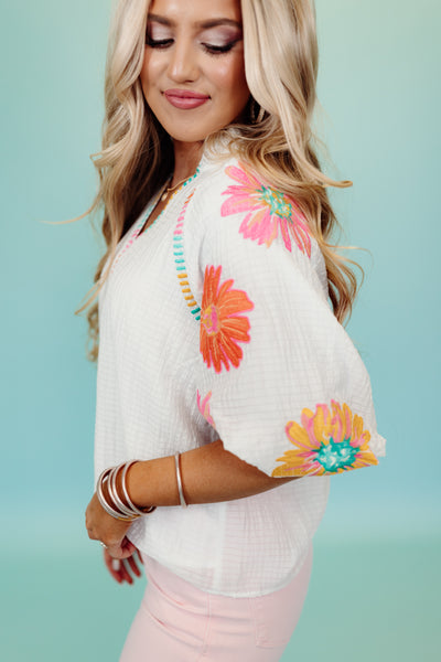 White Multicolor Embroidery Detail Puff Sleeve Top