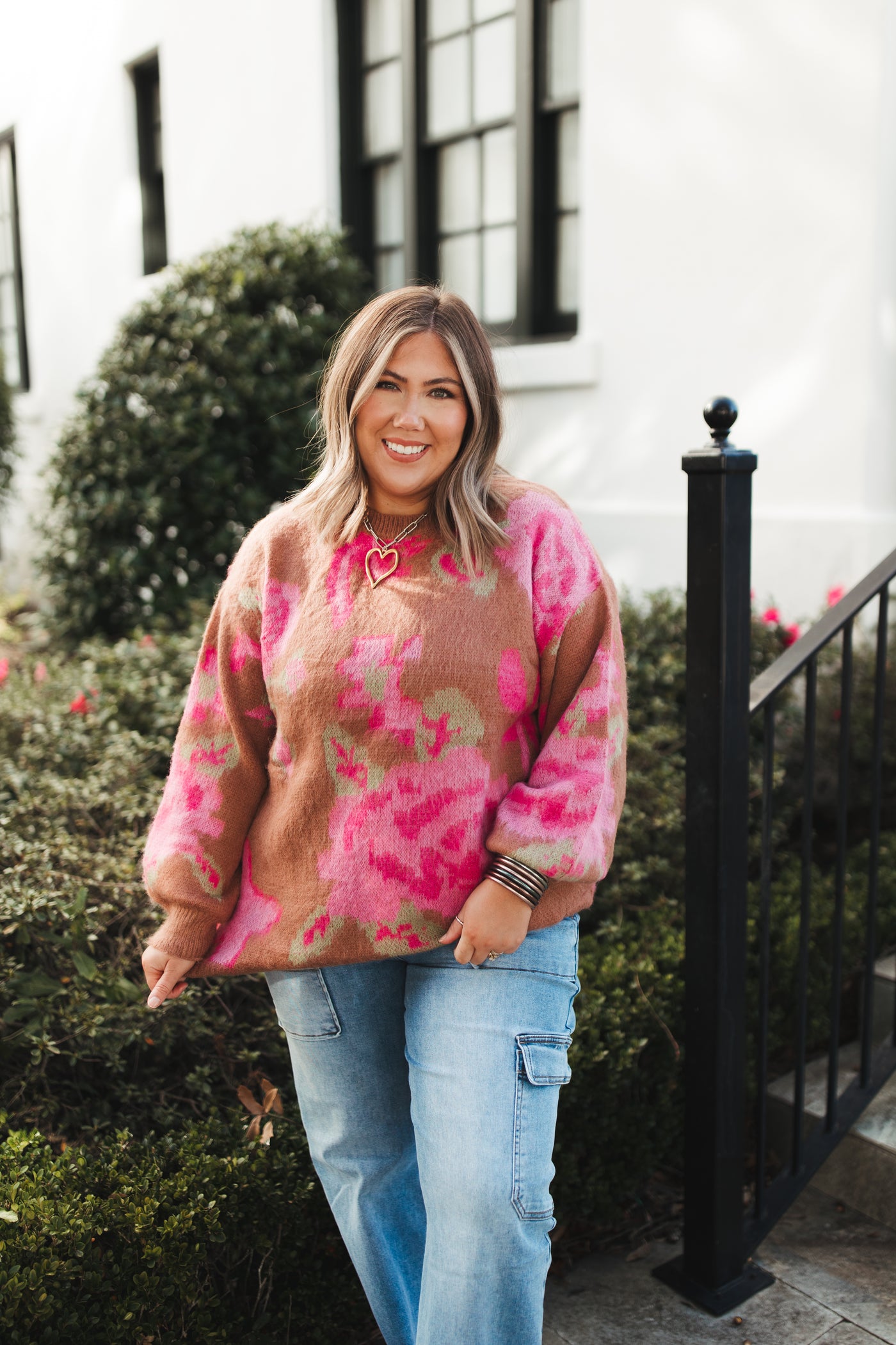 Camel Floral Pink Print Sweater
