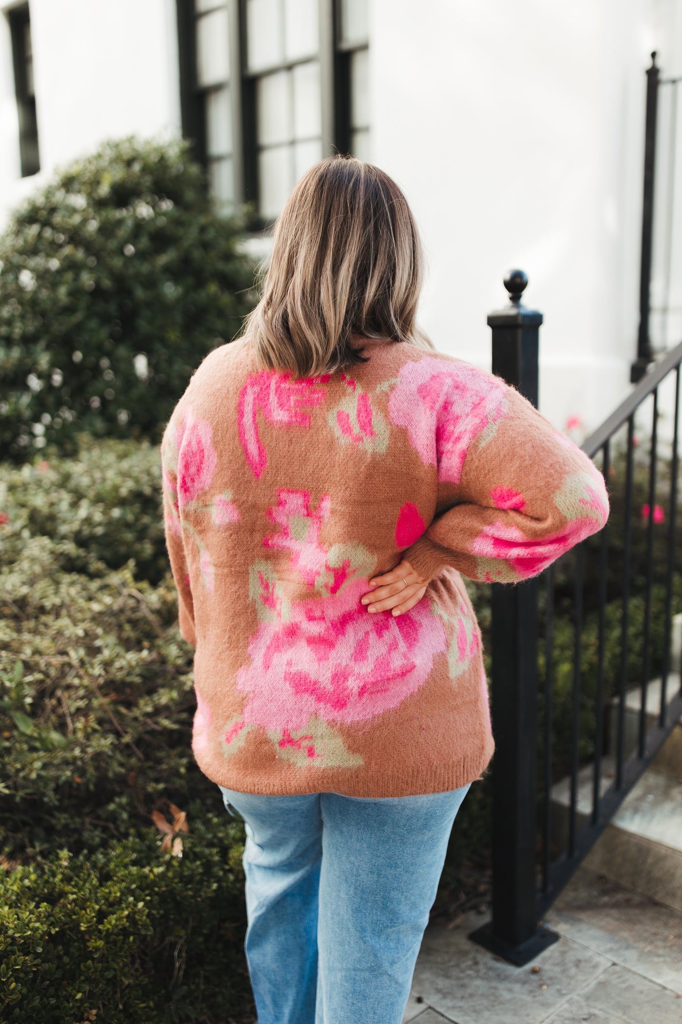 Camel Floral Pink Print Sweater