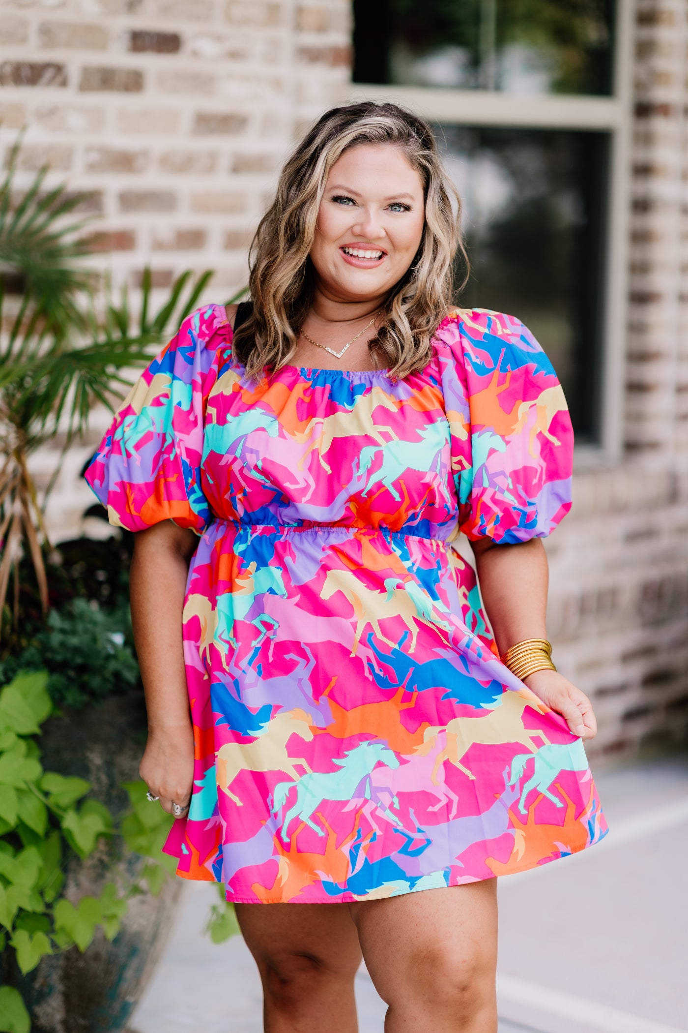 Fuchsia Multicolor Horse Print Skater Dress