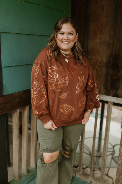 Brown Crew Neck Oversized Thanksgiving Sweatshirt